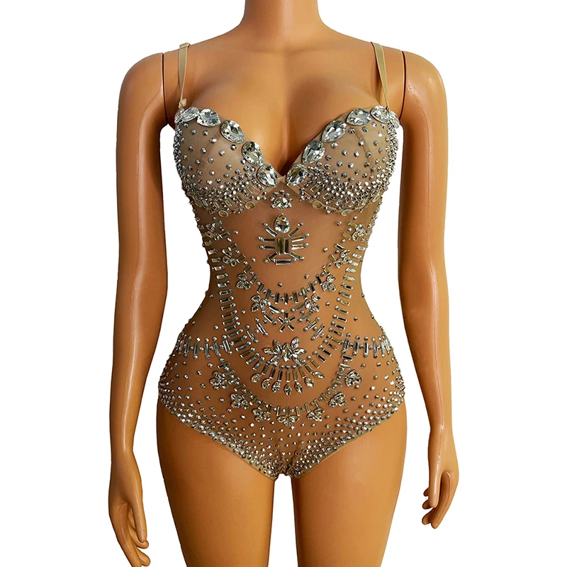 

Sparkly Silver Crystals Leotard Sexy Mesh Club Outfit Singer Dj Rhinestones Bodysuit Dance Costume Stage Wear