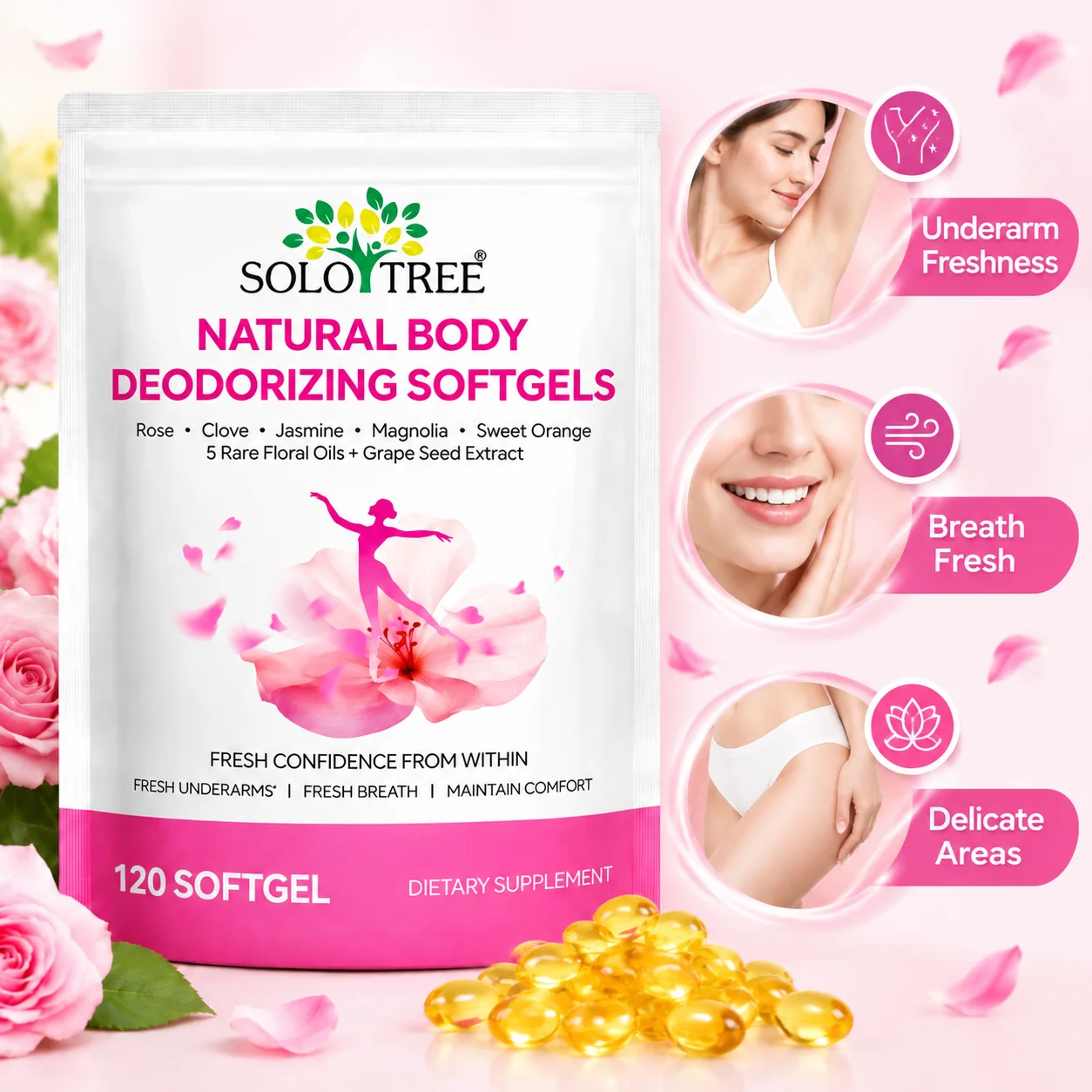 Deodorizing Softgels Odor Management Underarm Freshness Breath Fresh Maintain Comfort  Areas with Rose Oil 120pcs for Body Odor