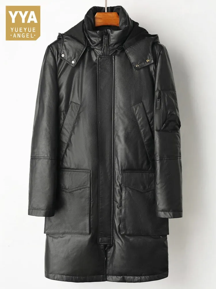 

Winter Men Warm Cowhide Genuine Leather Down Jacket Hood Business Casual Work Long Coat Windbreaker Trench Overcoat Big Size 8XL