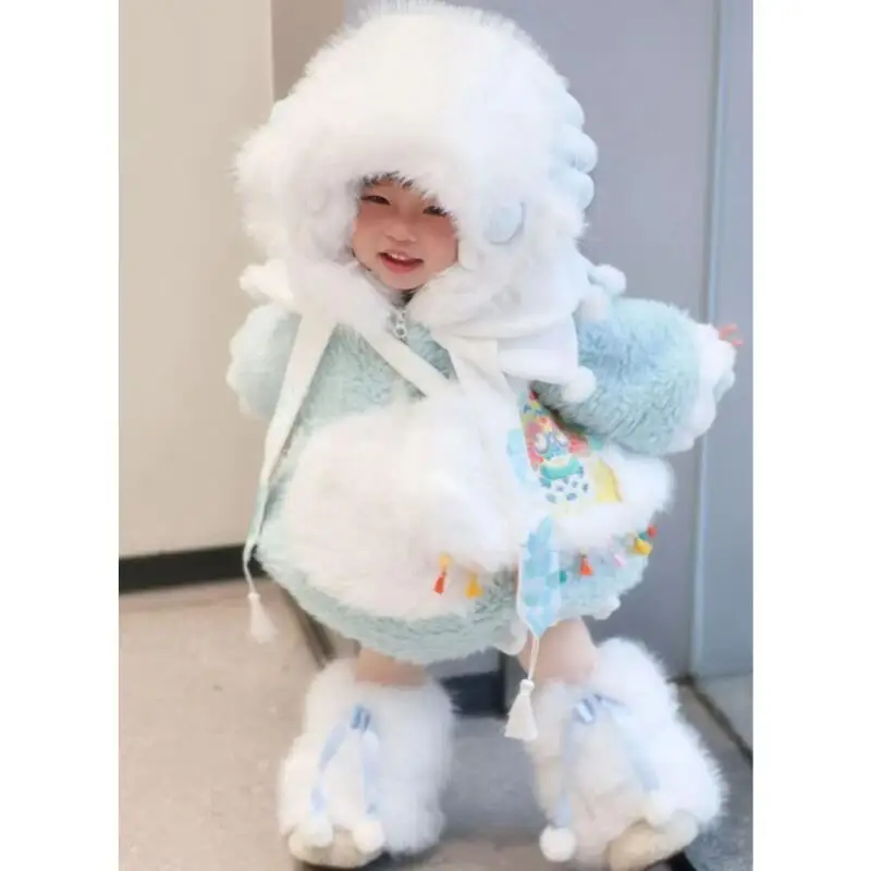 Winter Child Cartoon Environmentally Friendly Fur Cotton-Padded Jacket Cute Dinosaur Fleece-Lined Coat Shorts Thigh Socks Suit