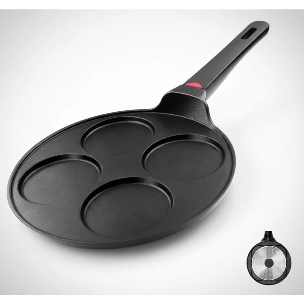 

10,5-дюймовая сковорода для блинов с антипригарным покрытием и 4 формами — индукционная совместима, быстрый нагрев, легко очищаемая сковорода для завтрака