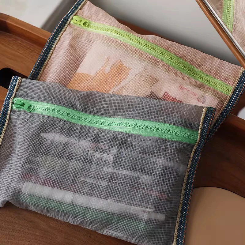 Bolsa de almacenamiento de nailon de malla translúcida, bolsa de identificación, billete de viaje, línea de datos, almacenamiento de bolígrafos, bolsa de cosméticos plegable fina portátil, estuche para lápices
