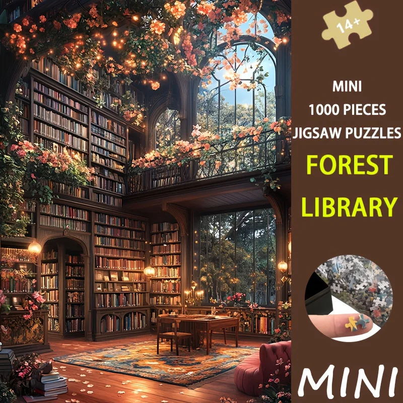 

1000pcs Mini Puzzle Featuring Forest Library Art, Measuring 14.96X10.24inch, Decor for Those Who Love Books And Nature.