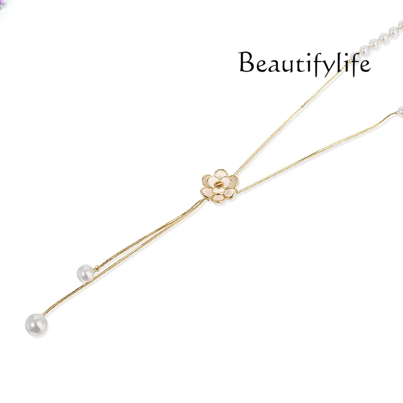 

Long tea flower pearl necklace, women's stacked sweater chain, new high-end neck chain accessories