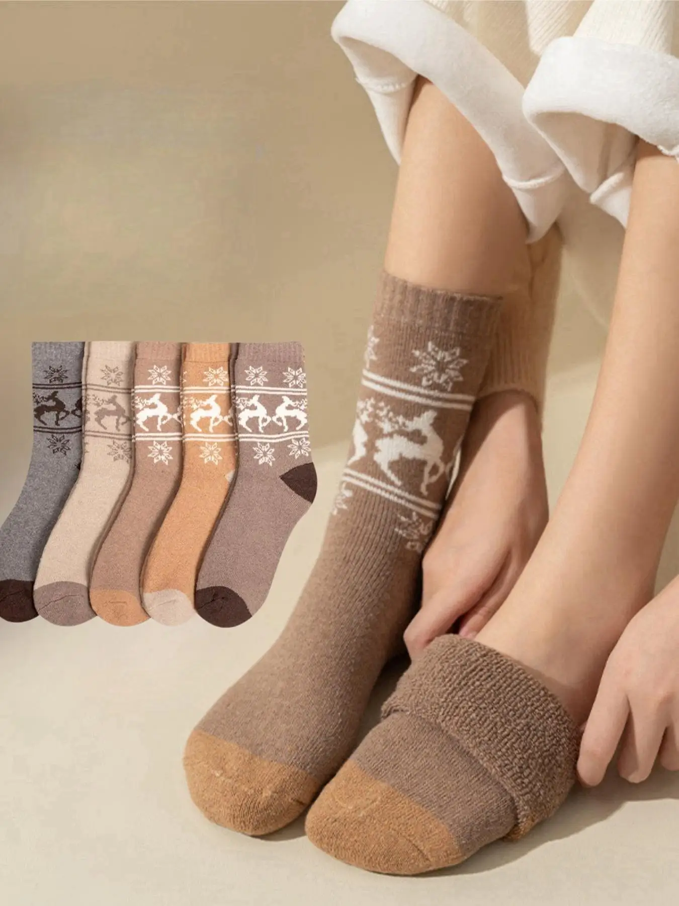 5 pairs of men's autumn and winter thick and warm mid tube socks, retro Christmas looped socks, new deer style sports socks, sui