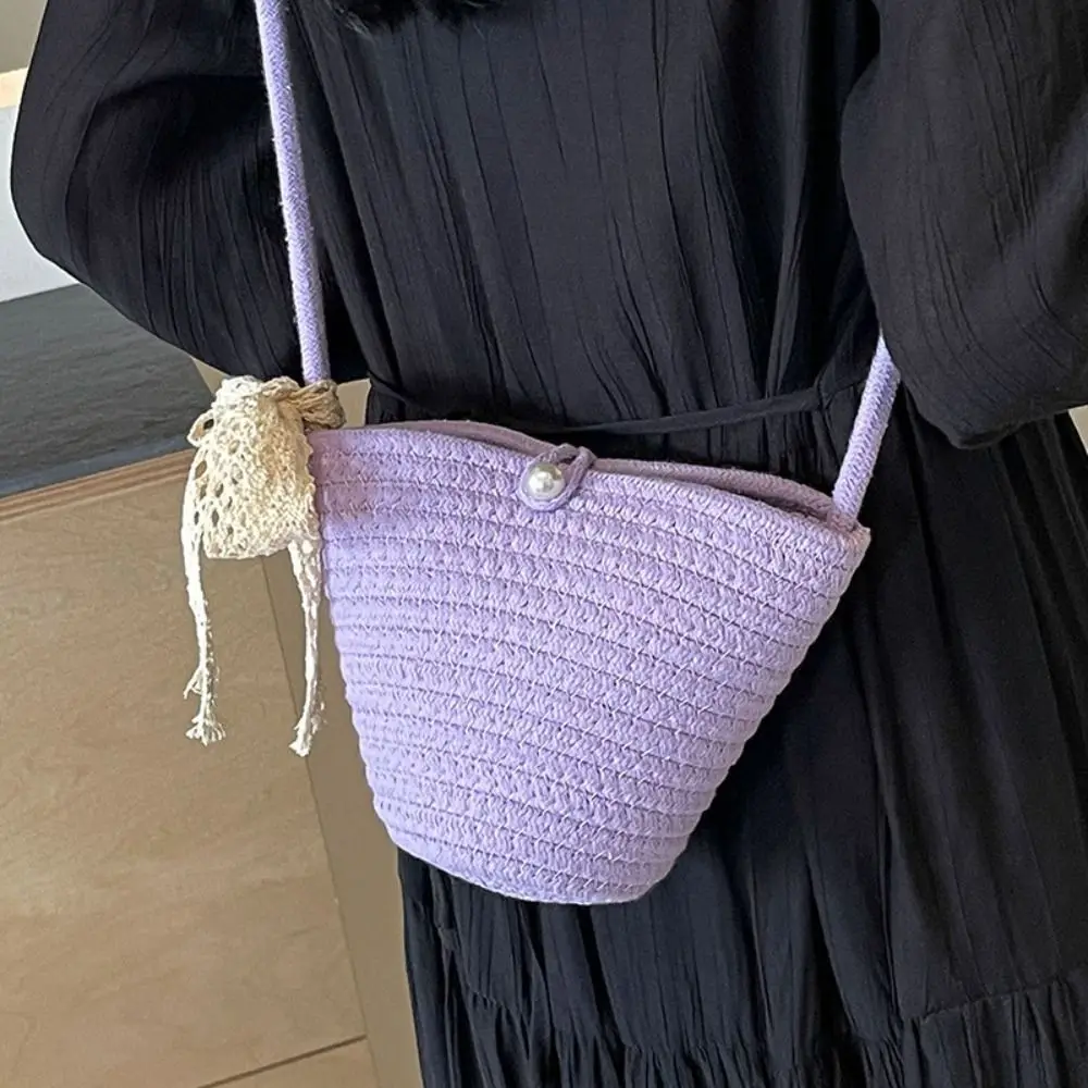 

Simple Stripe Weave Straw Crossbody Bag Cotton Rope Weave French Style Bucket Bag Mommy Bag Shopping Bag Beach Bag Outdoor