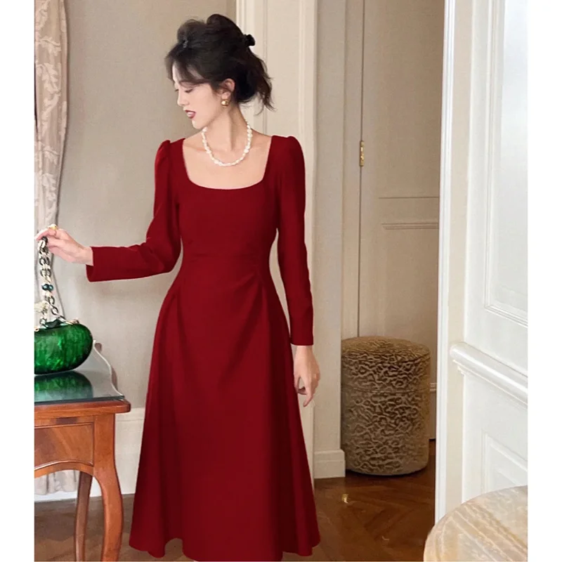 

Wedding Dr Red Long Sve Engagement Par Evening Gown Bridal Wear Faionable Mid-Length Slim Fit Polyester Fiber