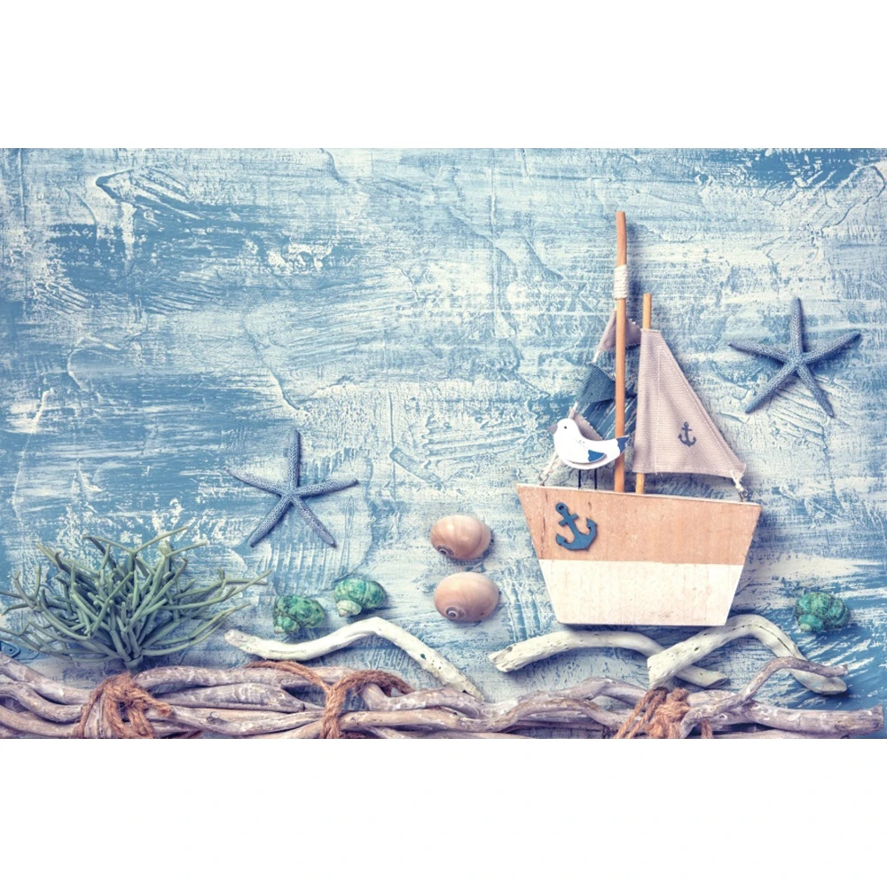 Nautical Starfish Sea Theme Birthday Backdrop Photography Baby Shower Sailboat Rudder Wooden Board Background Decor Photo Studio