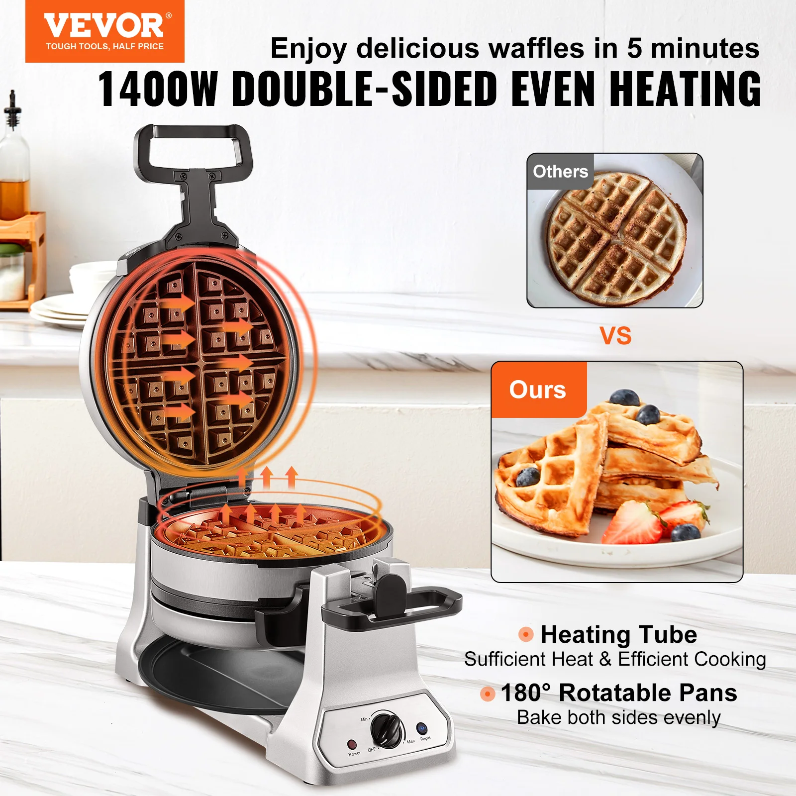 VEVOR 2-Layer Waffle Maker 1400W Round Waffle Iron Non-Stick Waffle Baker MachineTeflon-Coated Baking Pans Stainless Steel Body