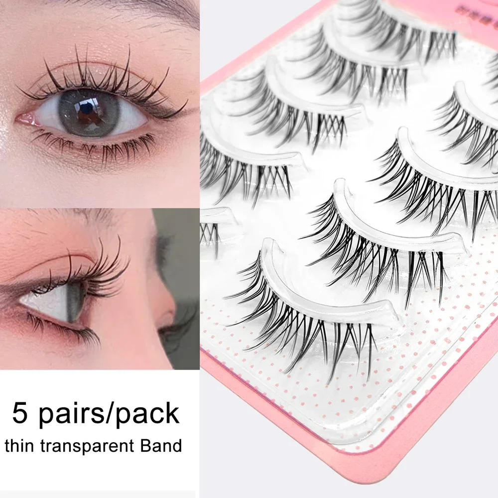 Yelix Manga Lashes Wispy False Eyelash Thai Makeup Thin Band Fake Eye Lashes Clear Band Soft 5 Pairs Multipack