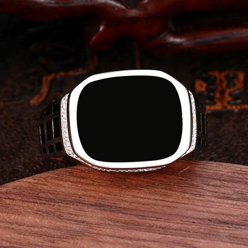 BOCAI New Solid Pure 100% S925 Silver Retro Craft Simple Trend Inlaid Black Agate Men\'s Ring Fashion Jewelry Accessories