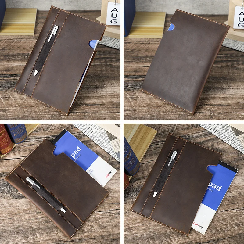 Handmade Crazy Horse Leather A5 Notebook Cover with Pen Slot Simple Clasp Cowhide Diary Case School Office Supplies Stationery