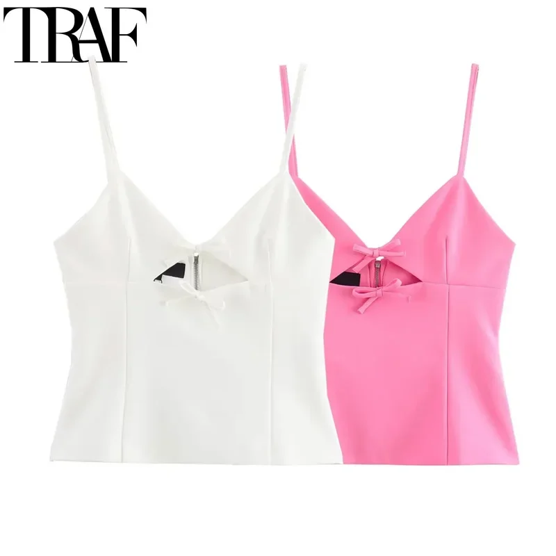 TRAF Fashion Woman Crop Top 2024 Bow Cut Out Top Women Summer Sleeveless White Tank Top Female Backless Sexy Camisole Short Tops