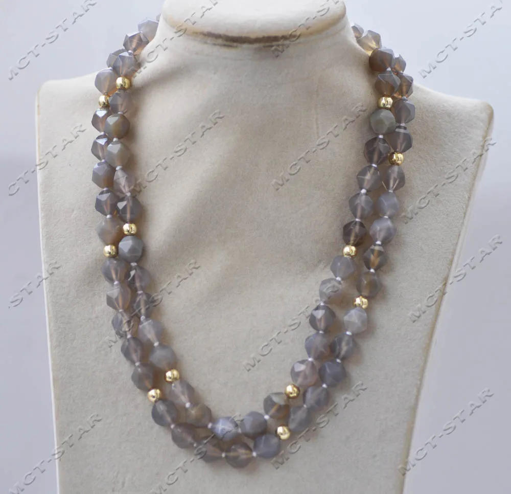 Z13462 Set 2row 10mm Natural Gray Faceted Cube Agate Necklace Bracelet Custom Jewelry