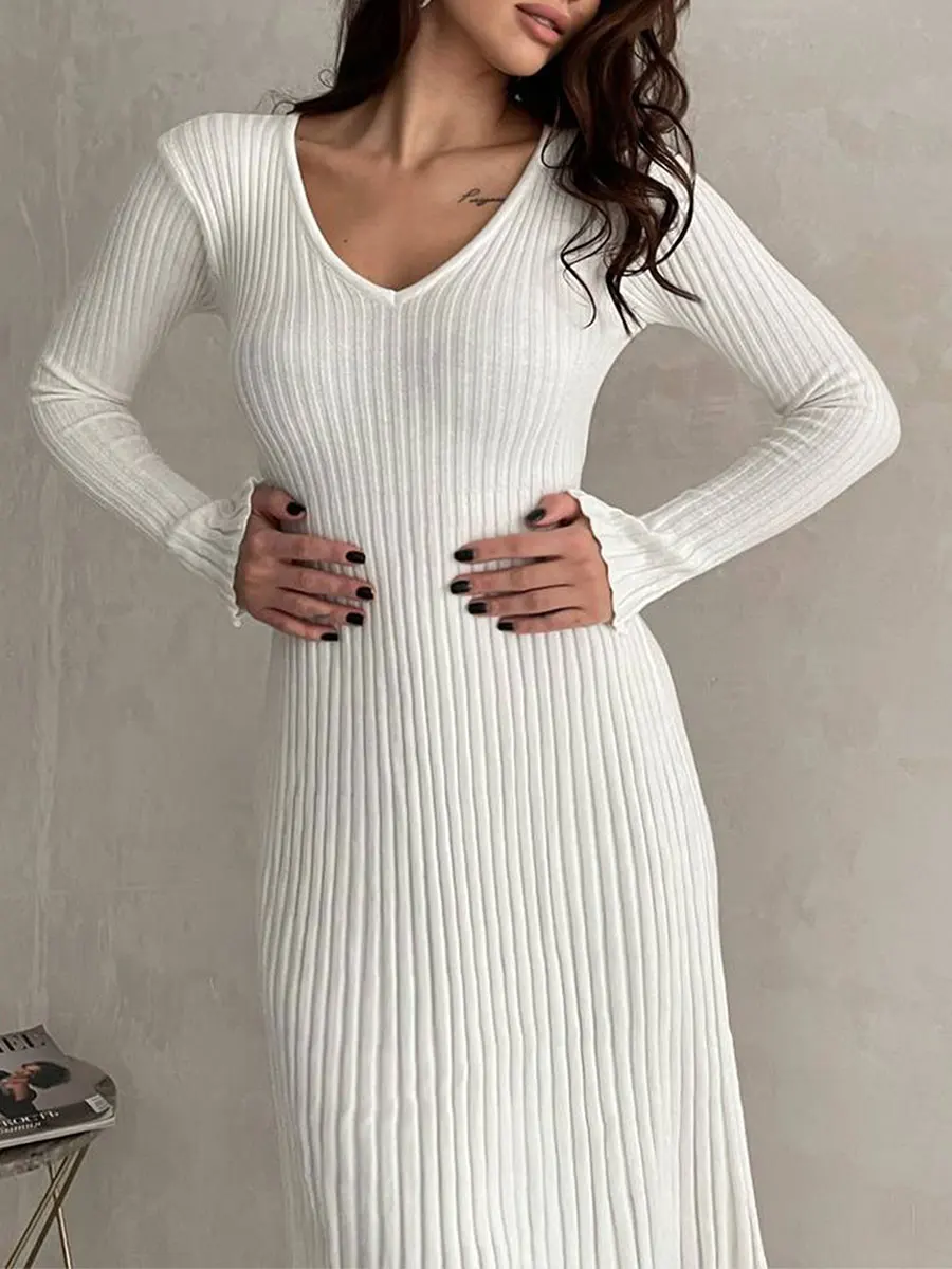 

Women s Crewneck Long Sleeve A-Line Swing Bodycon Long Dress Casual Solid Ribbed Knit Sweater Dress V Neck Ribbed Knit Midi