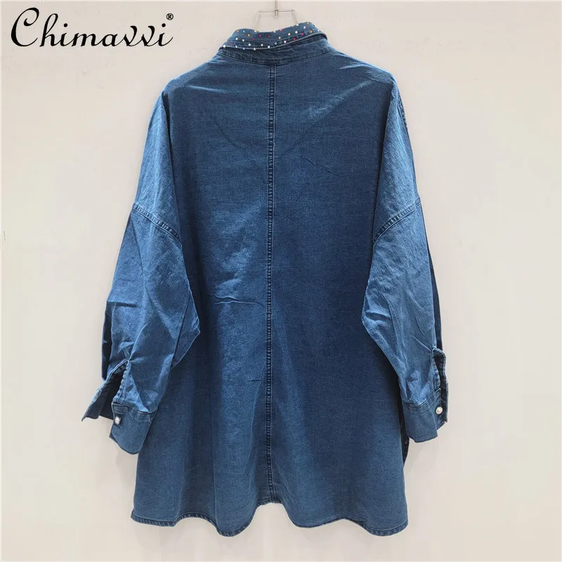 Autumn New High-End Fashion Oversized Rhinestone Denim Shirt Top Slimming Wide-Leg Pants Women's Casual Streetwear Two-Piece Set
