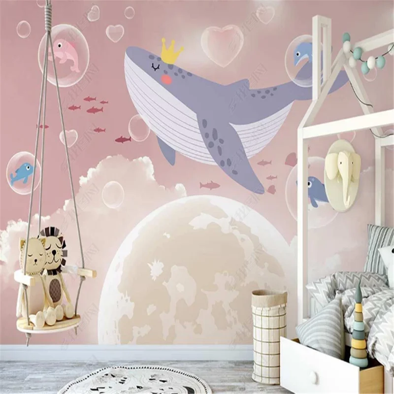 

Wallpaper For Kid's room Hand-painted Fantasy Whale Princess Children's room Bedroom Background Wall Papers Home Decor Mural