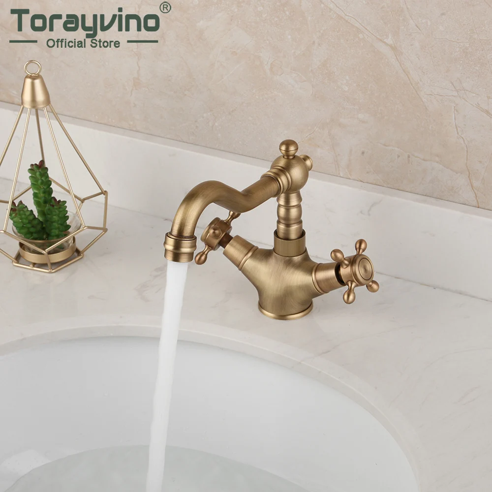 

Torayvino Bathroom Antique Brass Dual Handle Faucet 360 Swivel Stream Spout Basin Sink Faucets Hot & Cold Water Mixer Tap