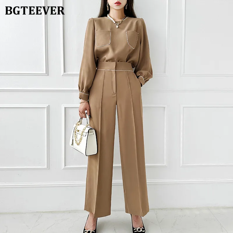 BGTEEVER Stylish 2 Pieces Women Trousers Set O-neck Long Sleeve Pockets Pullovers Female High Waist Wide Leg Pants Ladies