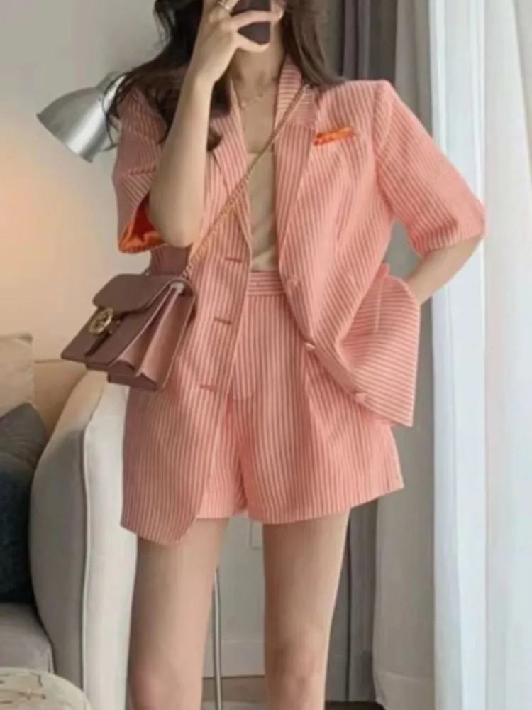 Women Casual Loose Blazer Shorts Suit Spring Summer New Fashion Vintage Stripe Short Sleeve Coat Female Clothes Two Pieces Set