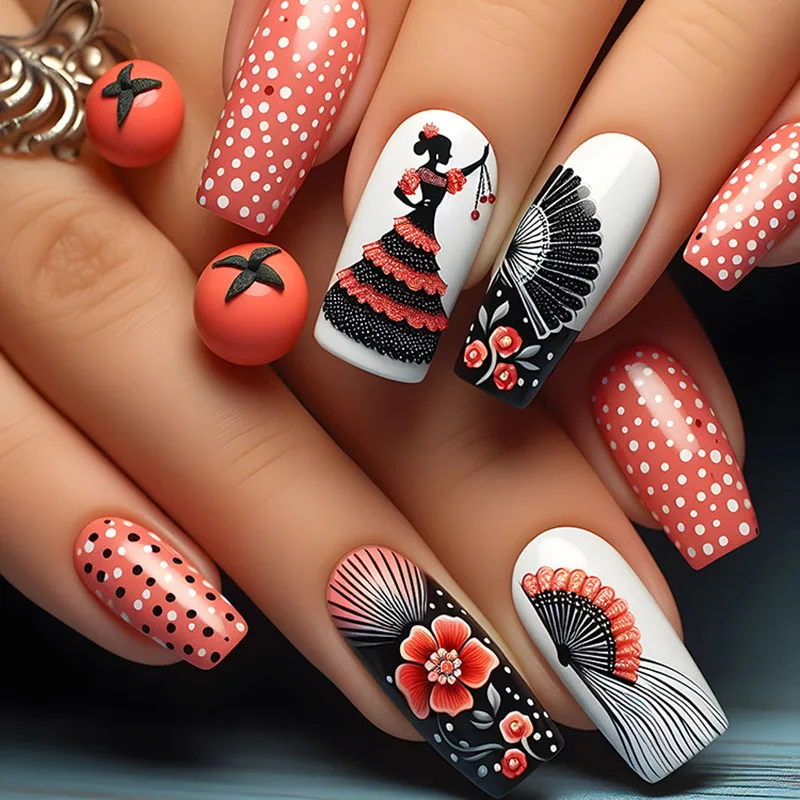 

24Pcs Long Square Press on Nails - Black Fan Design on Orange-Red Base with White Polka Dots and Lace Dress Woman Silhouette
