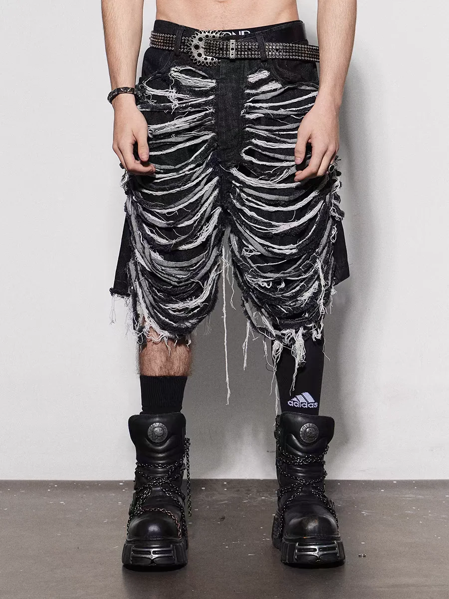 Summer American Sle Men's ort Jeans Casual Worn out Design Aborigine Culture Knife Cut Five Parts Loose Fit Straight Leg
