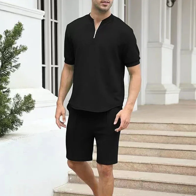 

Vintage Zipper V Neck T Shirt Mens Two Piece Sets Summer Casual Short Sleeve Top And Shorts Suits Men Fashion Solid Color Outfit