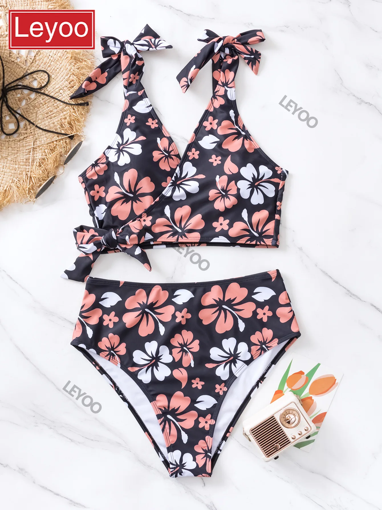 Women's swimsuit set with cross tie print, backless, high waisted, sexy bikini split swimsuit for women 2026 new style