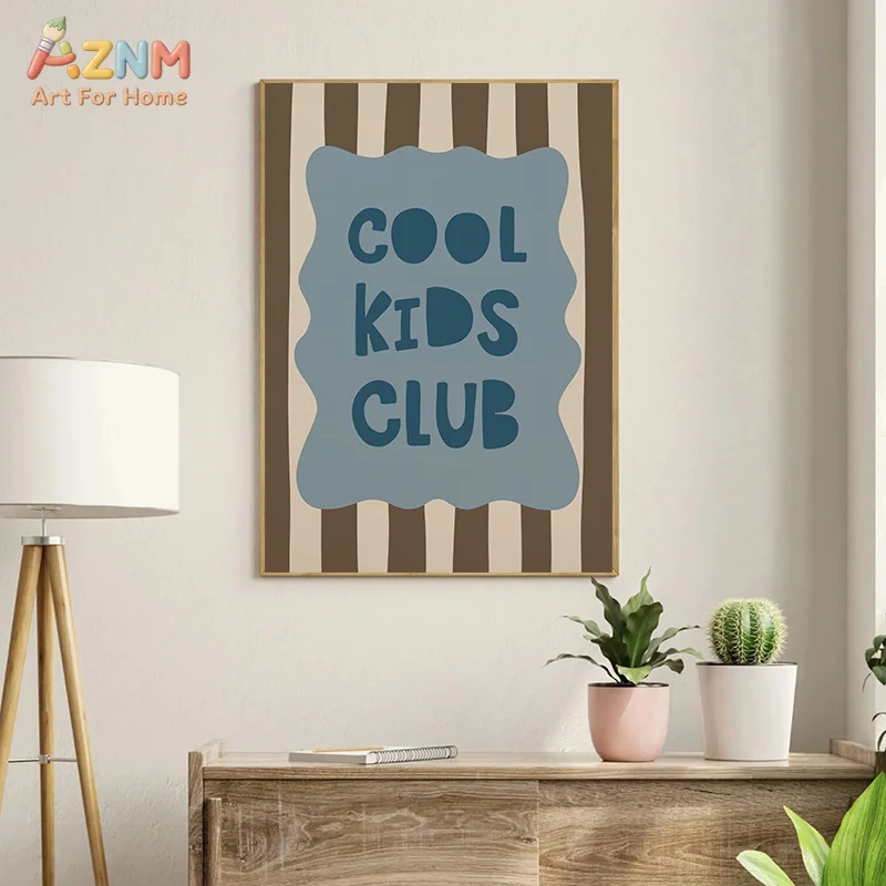 AZNM Cool Kids Club Canvas Wall Art Color Stripe Typography Poster Playroom Nursery Kids Room Decor Unframed