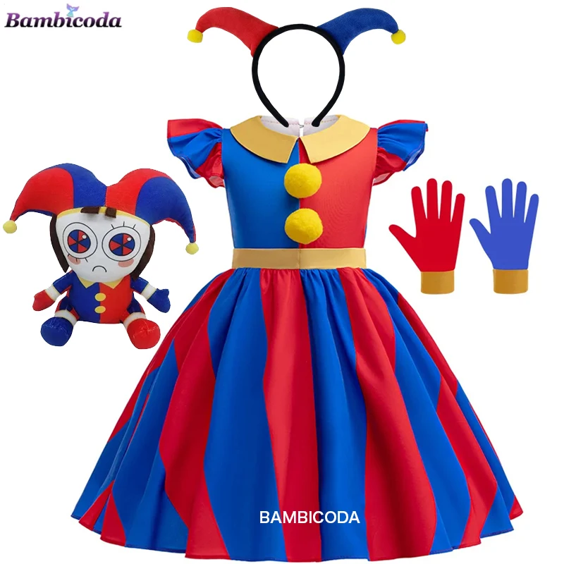 Disfraz de Cosplay de Pomni, uniforme de dibujos animados de circo Digital increíble, guantes, fiesta de Halloween para niñas y niños