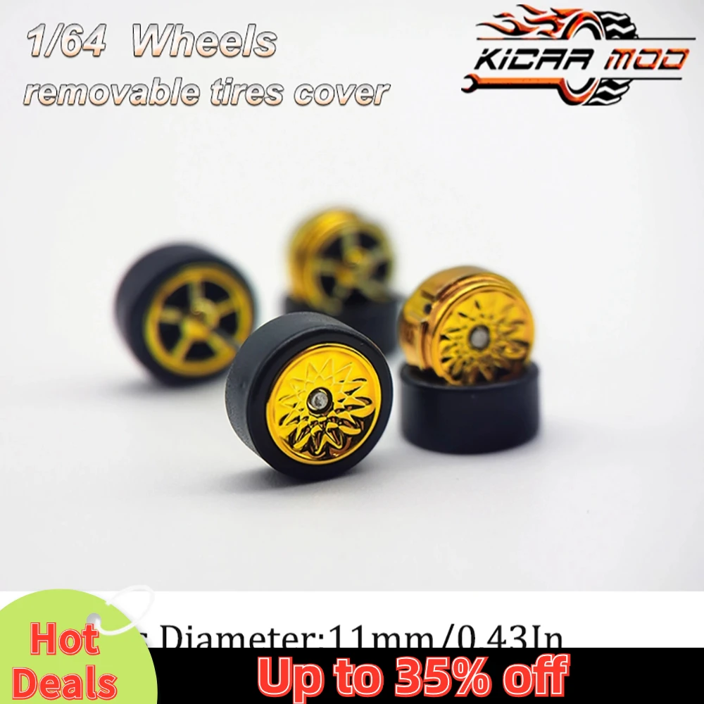 1/64 RLC Premium Wheels with Rubber Slick Tires for Hot Wheels Petal Spokes Model Car Refitting Parts D:11mm (1 Set)