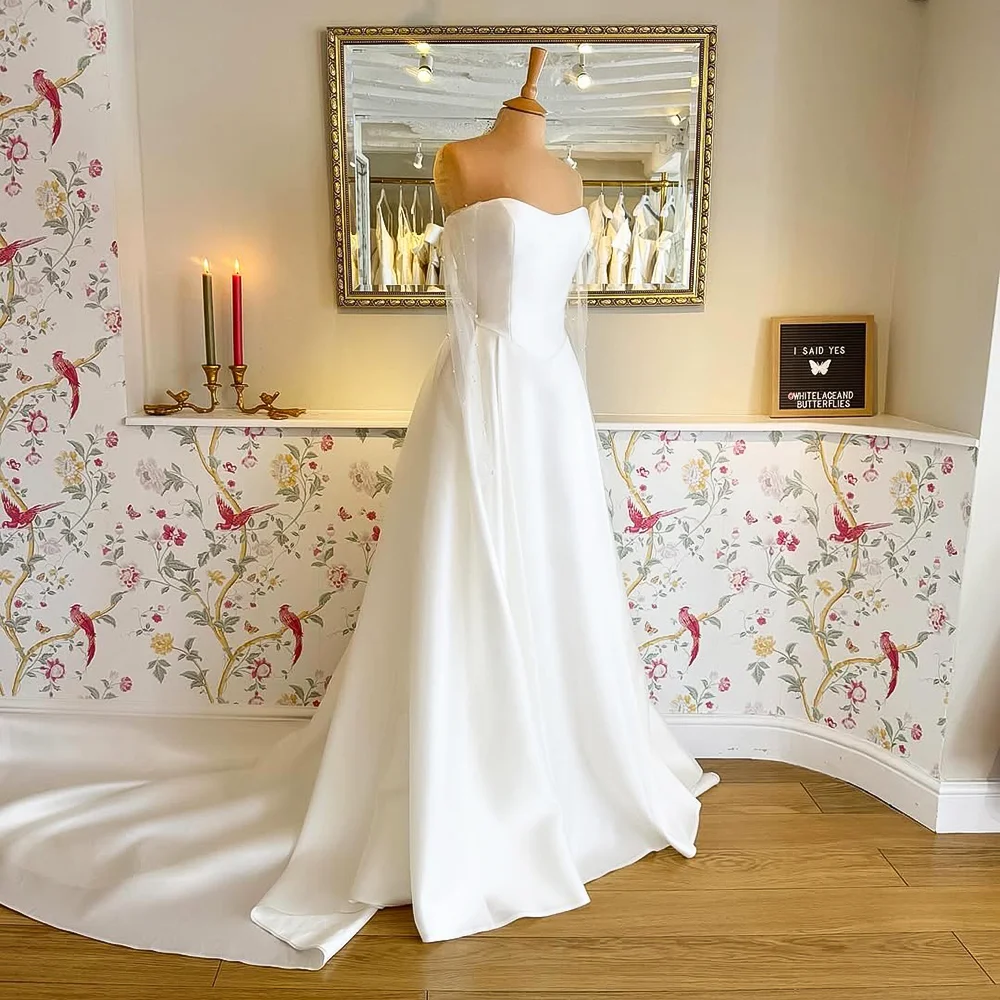 

Classic Strapless A Line Wedding Dresses for Brides Off Shoulder Sleeves Long Satin Wedding Gowns Vestidos De Novia Customized