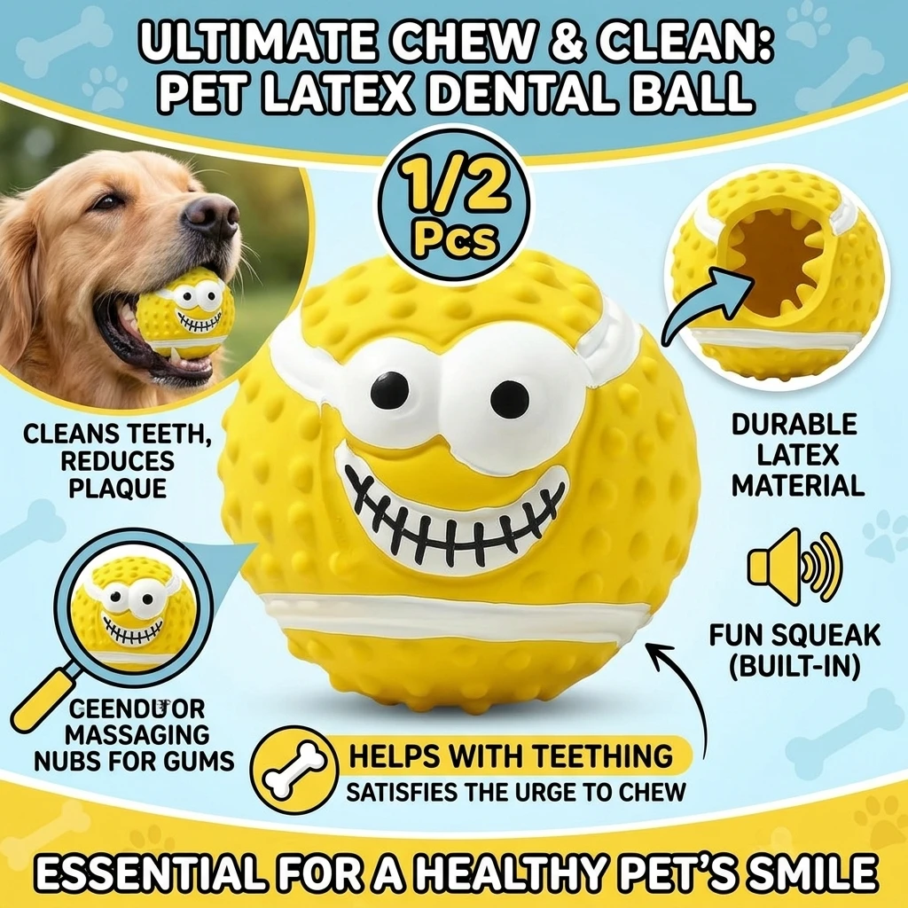 1/2Pcs Smiley Face Latex Squeaky Toy - Pet Chew Ball for Dogs, Helps with Teeth Cleaning & Grinding, Durable Latex Material,