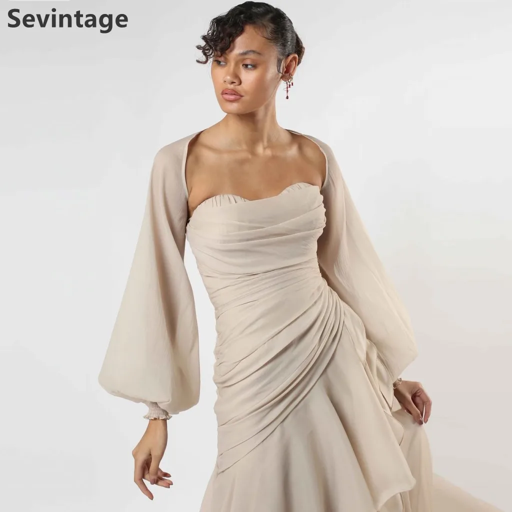 Sevintage 2025 champán una línea de gasa Maxi vestido de noche con chaqueta Arabia Saudita vestido de fiesta Dubai vestido de fiesta personalizado