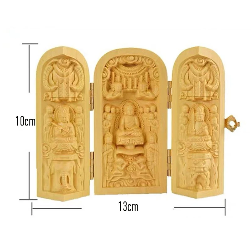 Tibet Buddhism Boxwood Kwan-yin Shakyamuni GuanYin 3 God Buddha Statue Box Folding Buddha Statue Box Home Temple Decor Ornament