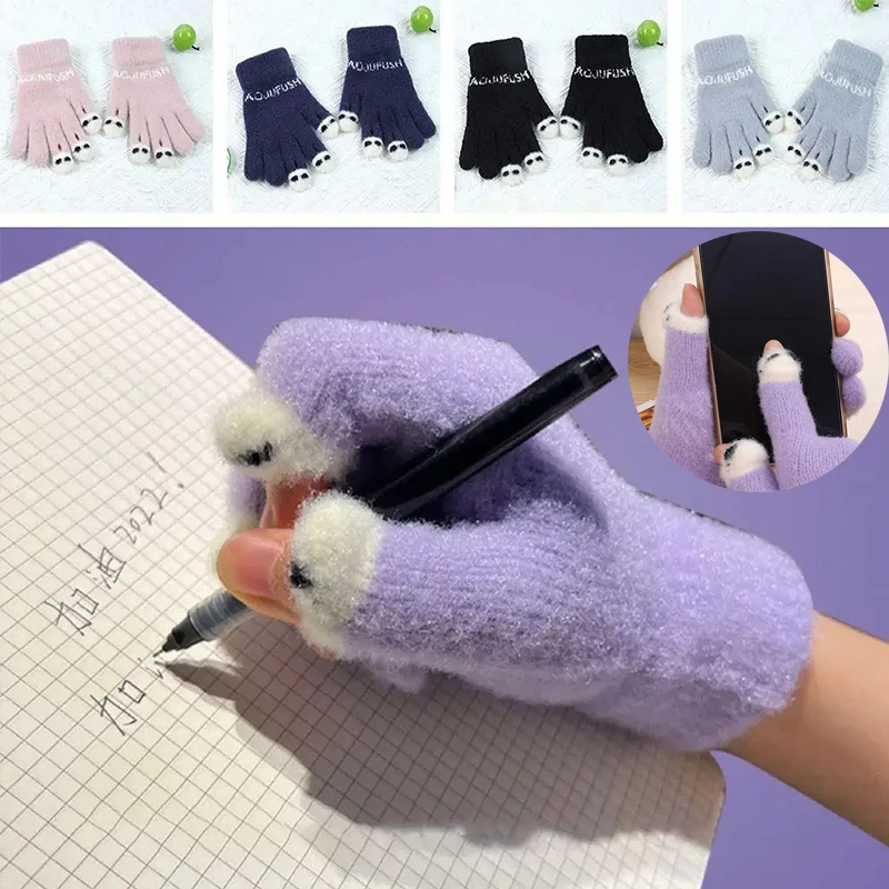 

Women Cute Winter Fluffy gloves Panda Fingertip Warm Knitted Fingerless Gloves Wool Touchscreen Phone Girls Full Finger Mittens