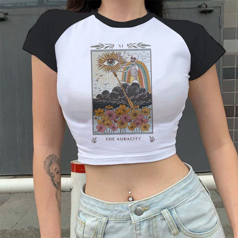 Tarot Print Cyber Y2k Graphic Trashy  T-Shirt Crop Top Woman Kawaii Manga Trashy Aesthetic Tshirt Summer Harajuku Casual Clothes