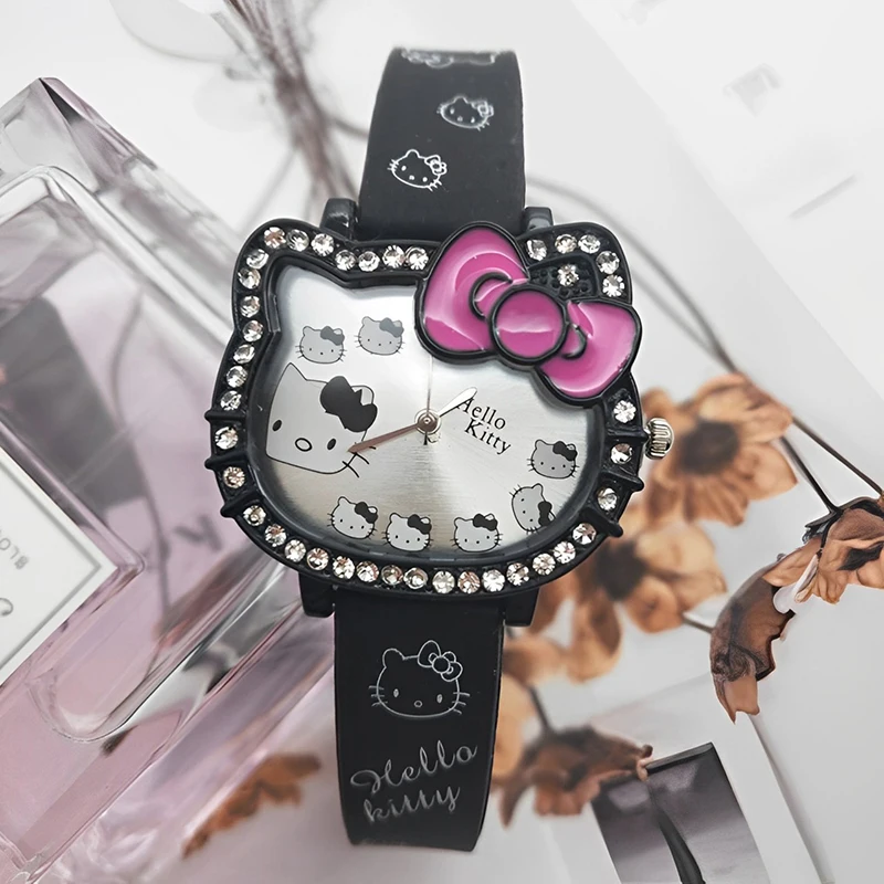 Miniso Anime Cartoon Sanrio Hello Kitty Hoofd Siliconen Diamant Quartz Meisjes Student Horloge Kinderen Kids Horloge Verjaardagscadeautjes