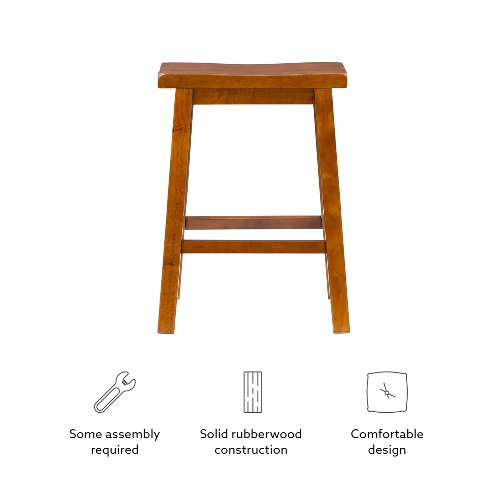 Wooden Saddle Seat Counter Stool 24in Height Rustic Design Simple Assembly Comfortable Footrest Barstool Kitchen Dining Room
