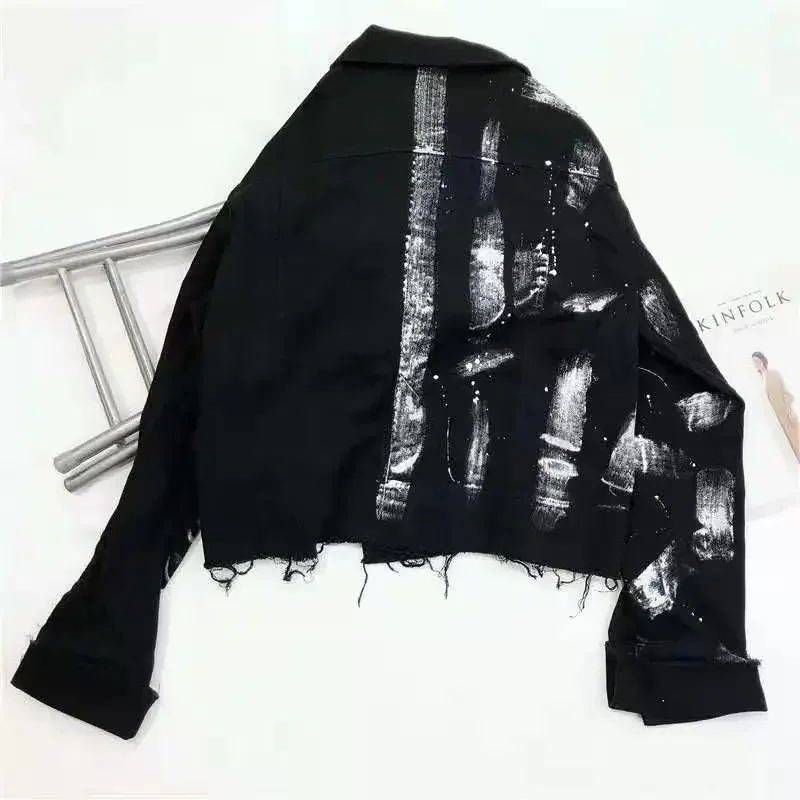 Streetwear Women Denim Jacket Fashion Graffiti Print Long sleeve Jeans Jacket Female Loose Hip hop Jeans Coat Harajuku Jackets