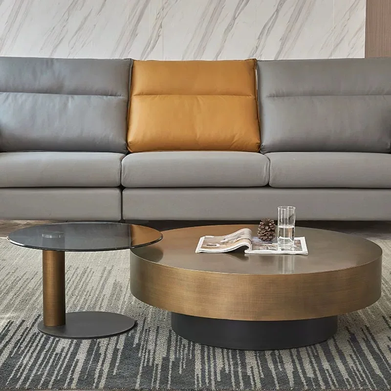 Italian Style Bronze Coffee Table for Small Apartments Luxury Living Room Accessory High Sense Minimalist Design Brushed Stone