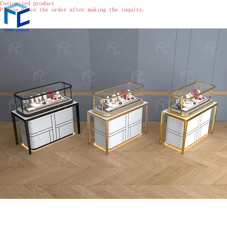 

Custom.Trendy Custom Jewellery Display Cabinet Gold Stainless Steel Led Lighting Lockable Glass Jewelry Showcase Display Cabinet