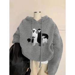 Grey Lamb Embroidery Round Neck Hooded Sweater Women's Autumn 2024 Design Feeling Lazy Loose Western Style Pullover Sweater