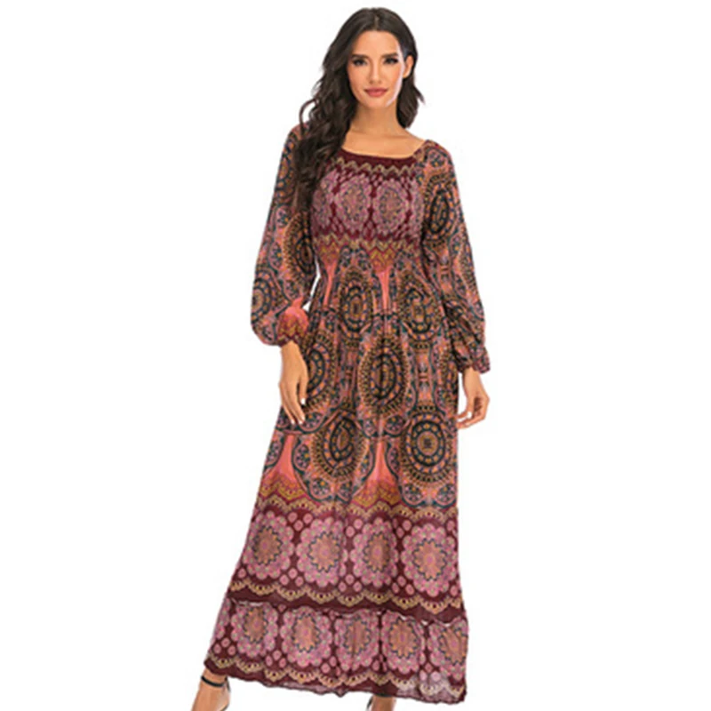 

Spring and summer women's long sleeve long sleeve print dress in the waist skirt bask in the beach skirt