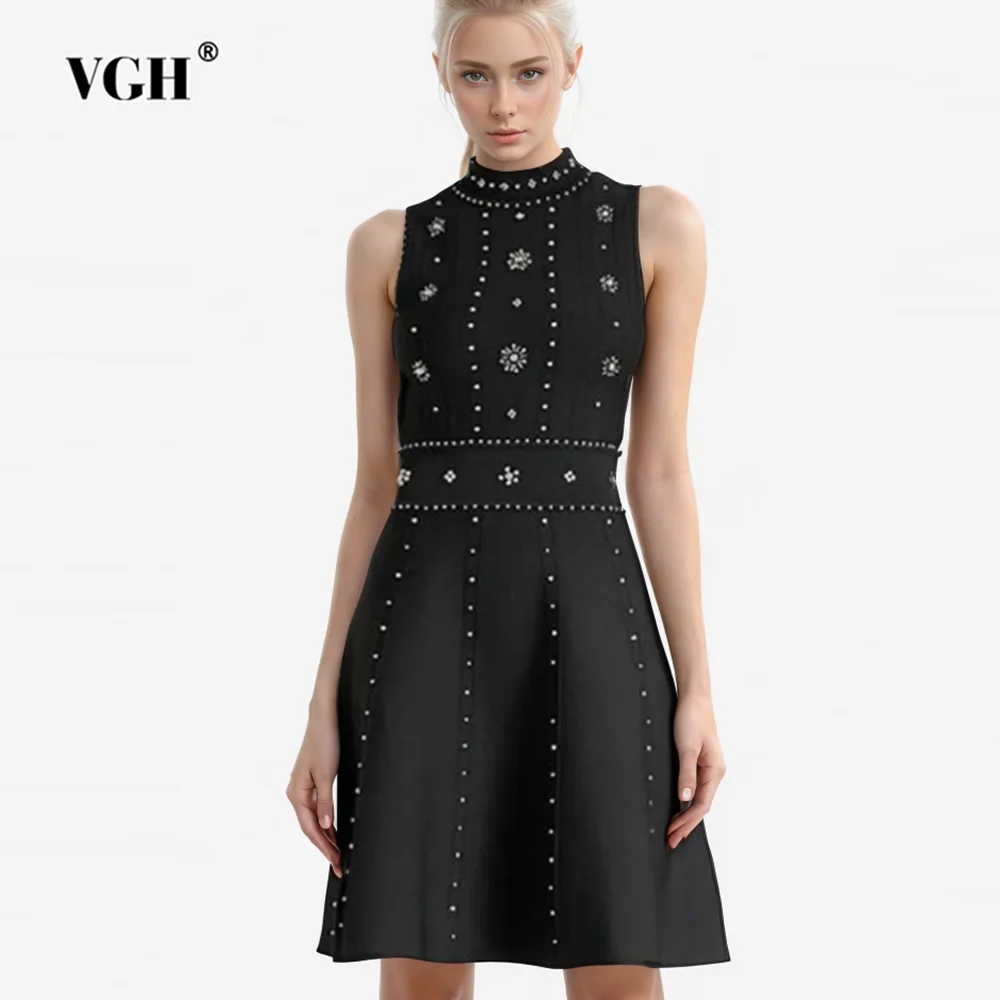 

VGH Solid Spliced Embroidered Flares Elegant Dresses For Women Round Neck Sleeveless Backless High Waist Mini Dress Female New