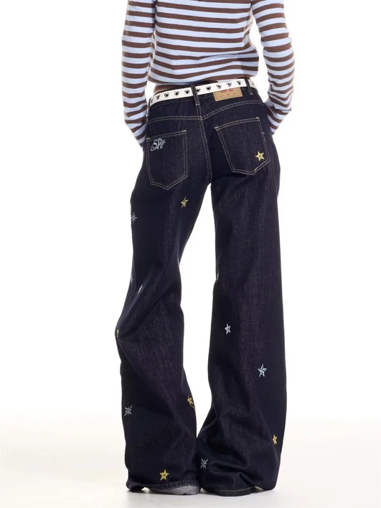 2025 Ropa Y2K Fashion Cartoon Star Embroidery Black Baggy Women's Jeans Pants Woman Clothing Straight Casual New Denim Trousers