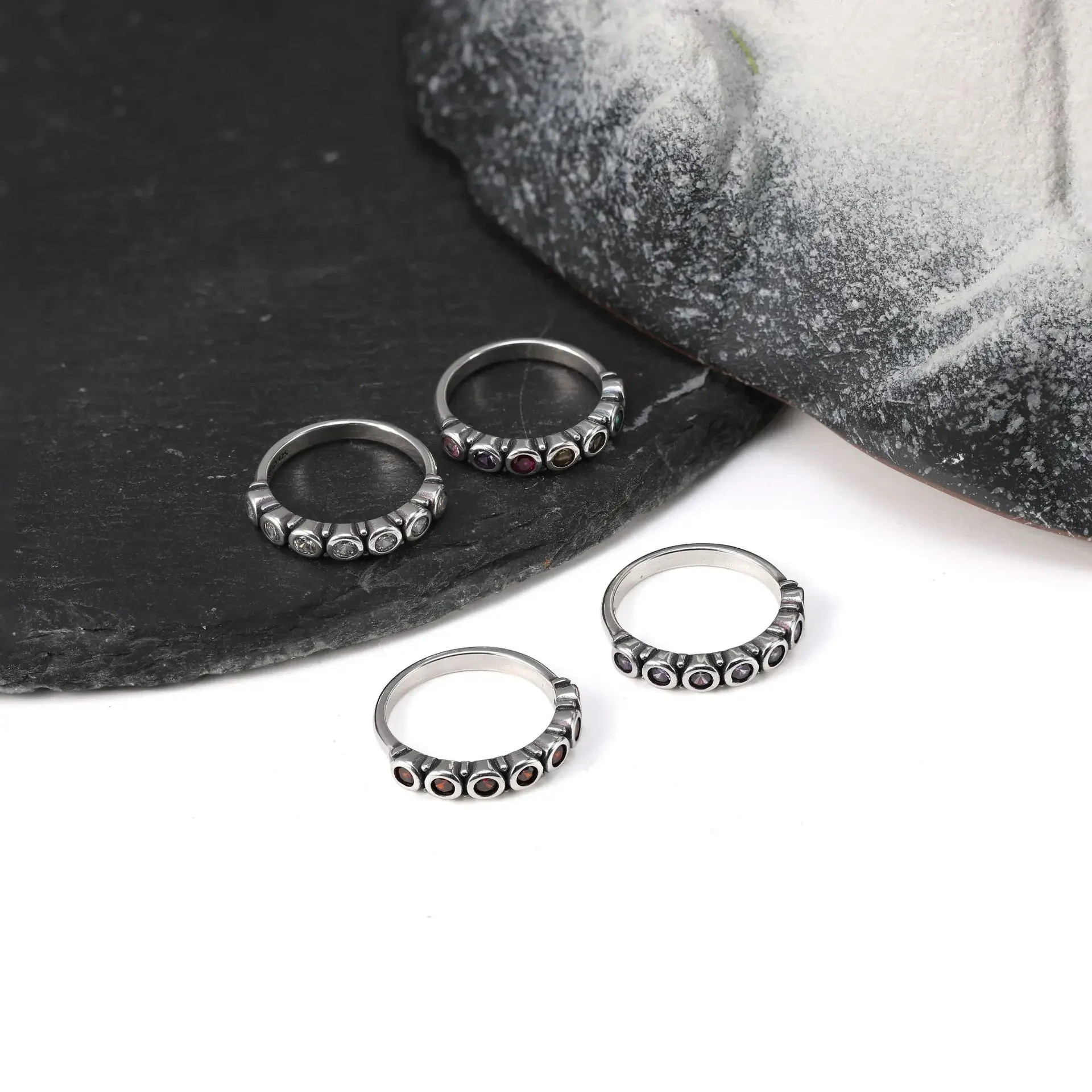 2027 Launch S925 Silver Side-by-Side Gem Band Ring, Vintage Darkened Metal Texture, Evenly Arranged Round Stones, Distinct Retro Style, Lightweight Unisex Finger Piece
