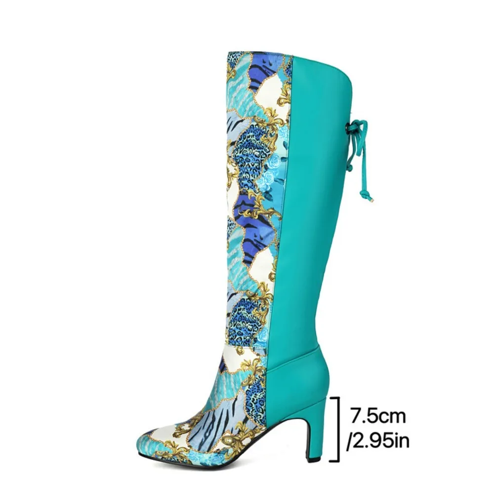 Brand Design Women's Knee Boots Round Toe 7.5cm Heel Mixed Flower Decor Floral Large Size 35-44 Fashion Dating Knee High Booties - view 4