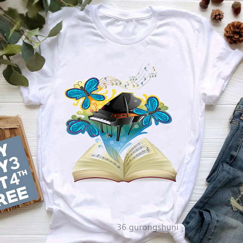 

Piano And Butterflies Coming Out Of A Music Book Print T Shirt Femme Funny White Tshirt Femme Music Lover T-Shirt Female