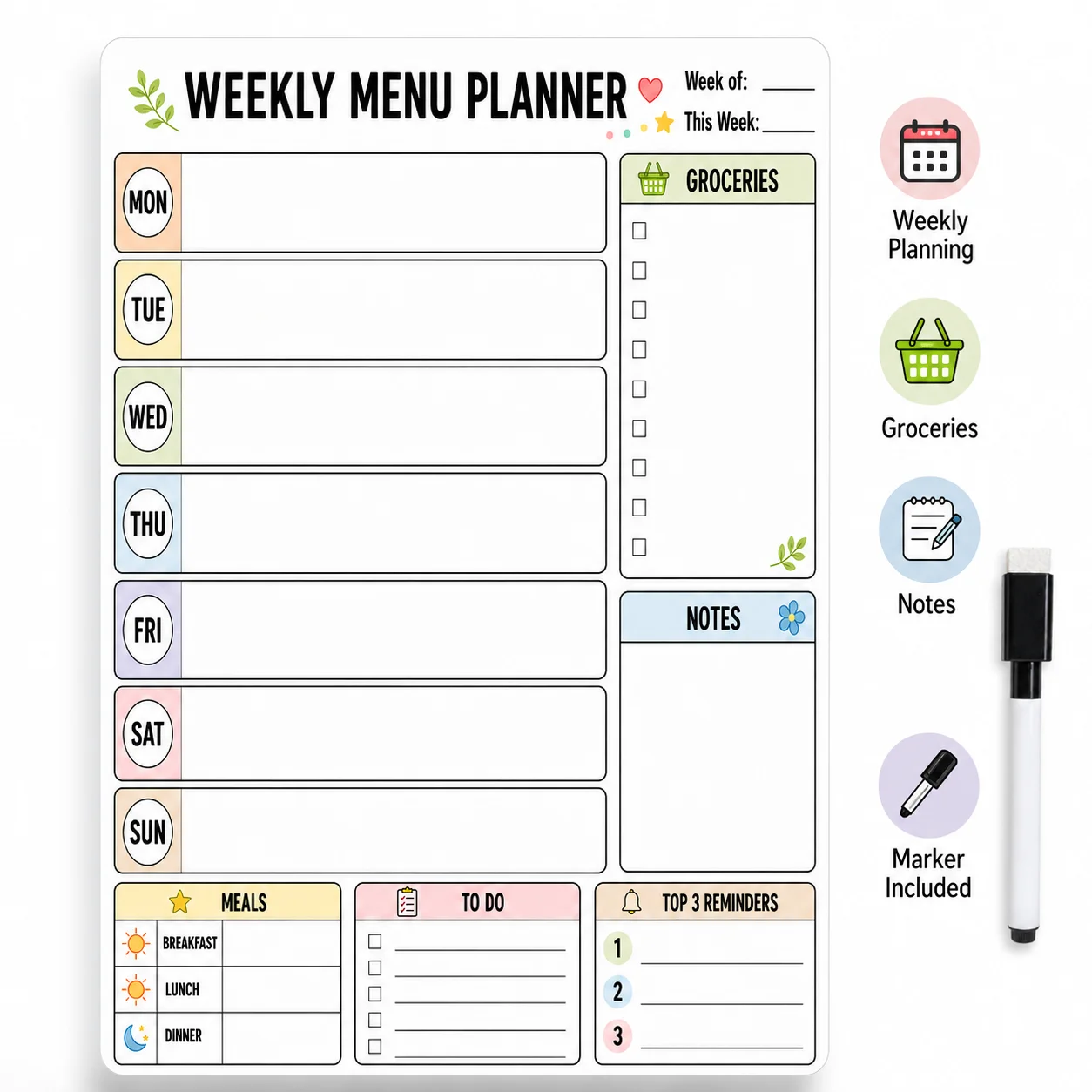 1pc Fridge Dry Erase Weekly Menu Planner Sticker With 1 Erasable Marker, Reusable Whiteboard Meal Planning Board For Kitchen Gro view 6